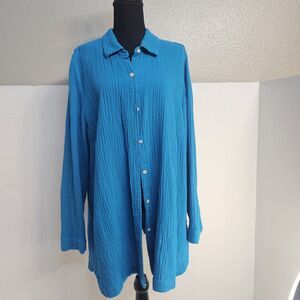 J Jill Cotton Gauze Split Hem Tunic Blouse Blue Sz XL Lightweight Relaxed N0569
